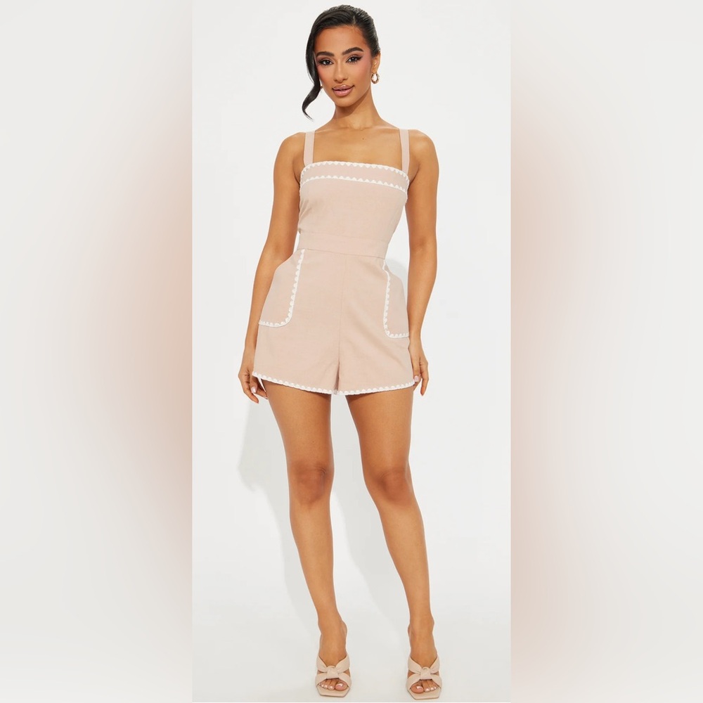 106. $46 NWT Fashion Nova St. Barts Romper in Beige with White Trim Detailing
